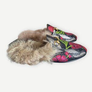 NWT Gucci Princetown Fur Loafers 36 Black Pink Floral Brocade Mules Slides NEW